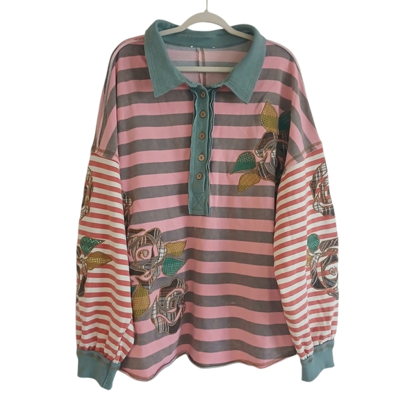 Oli And Hali Oversized Patchwork Pullover Women's XL Striped Pockets Slouchy - Picture 2 of 11